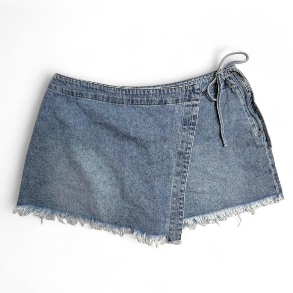 Happily Grey blue denim mini skirt with frayed hem and tie waist, size 9/29